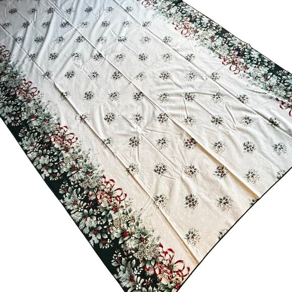 Christmas tablecloth long rectangle creamy white & green holly border print - Picture 1 of 9